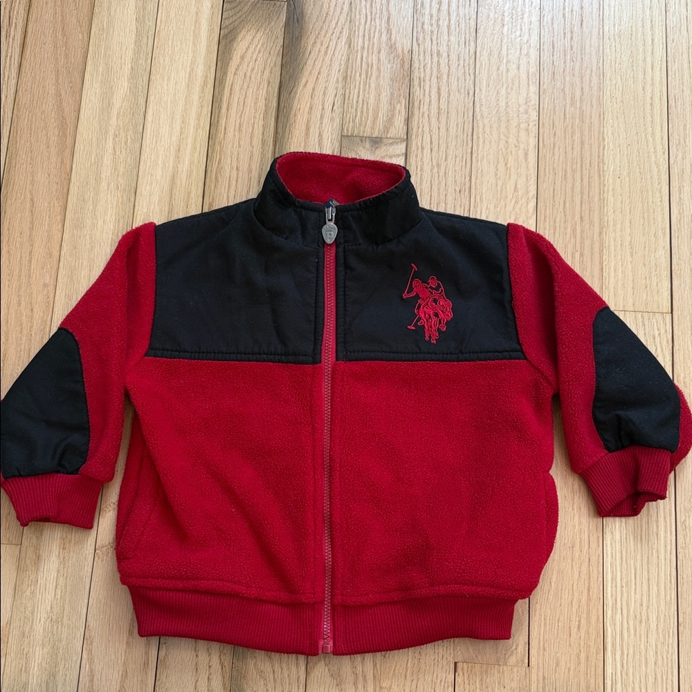 U.S Polo Assn. Black and Red Fleece Zipper Jacket  Red Embroidered Polo Design